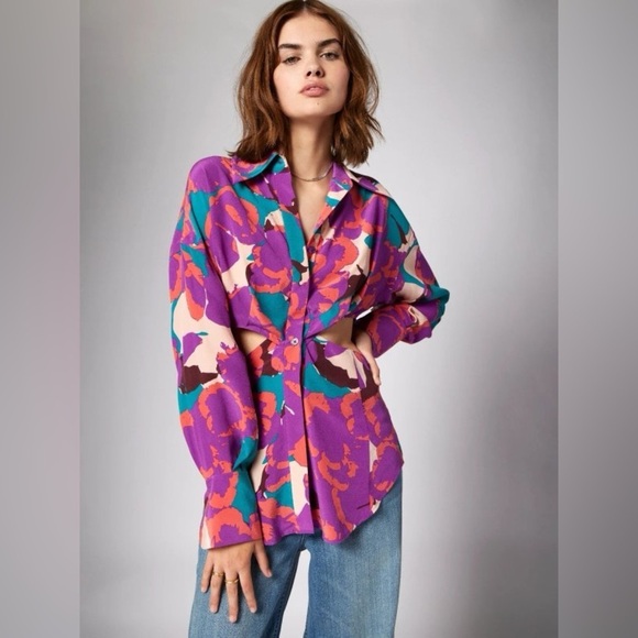 New! EQUIPMENT 100% Ayla Silk Printed Cutout Button-up Shirt 💜 size 0